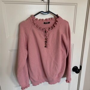 Women's BTFBM Size Small Pink Long Sleeve 1/4 Button Ruffle Pullover Sweater
